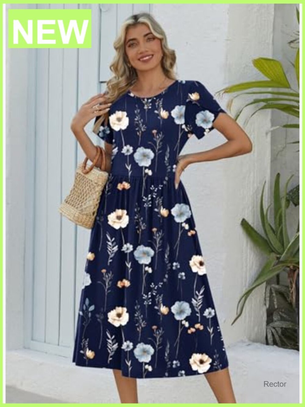 Casual Short Sleeve Midi Dress with Pockets Flowy A-Line T-Shirt Dress - Picture 3 of 7